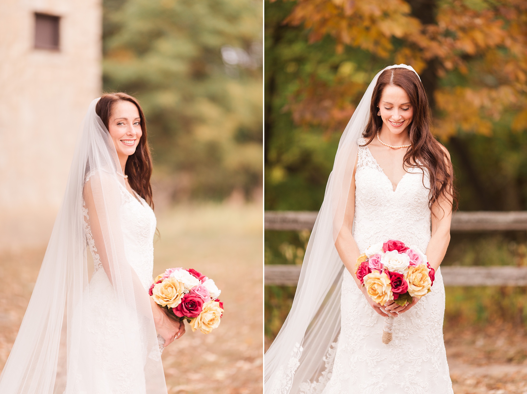 fall bridal portraits of bride holding pink and red bouquet