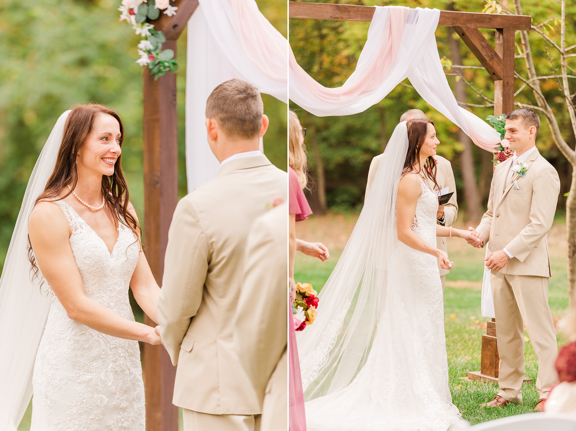 bride and groom exchange vows during backyard wedding ceremony