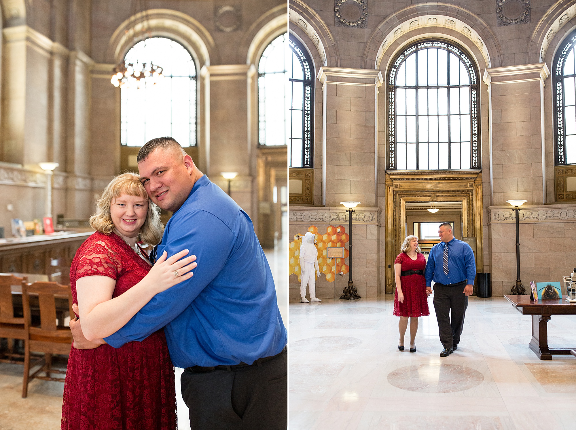 couple walks through lobby of Central Library in downtown St. Louis