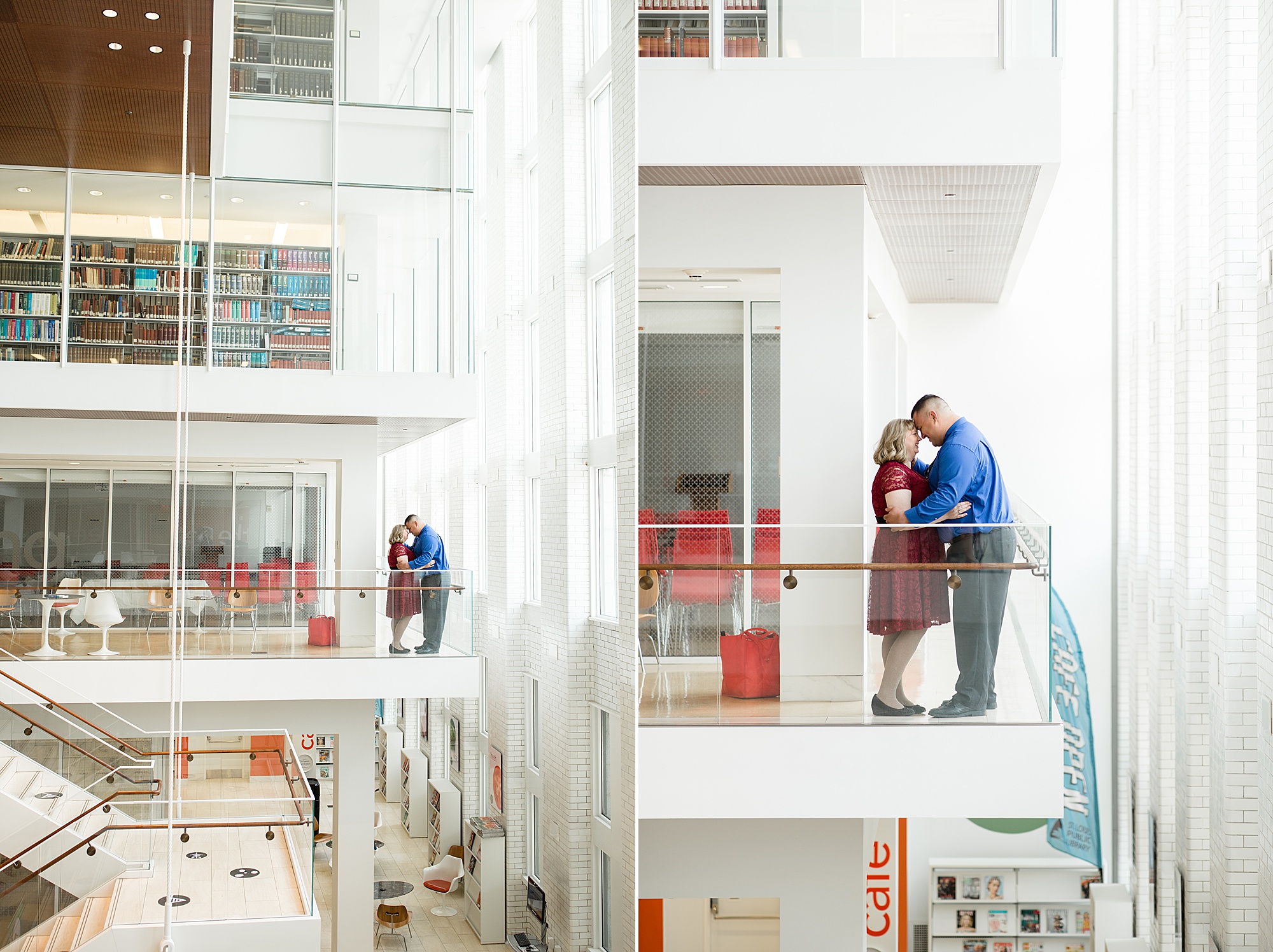 Central Library engagement portraits by stack of books