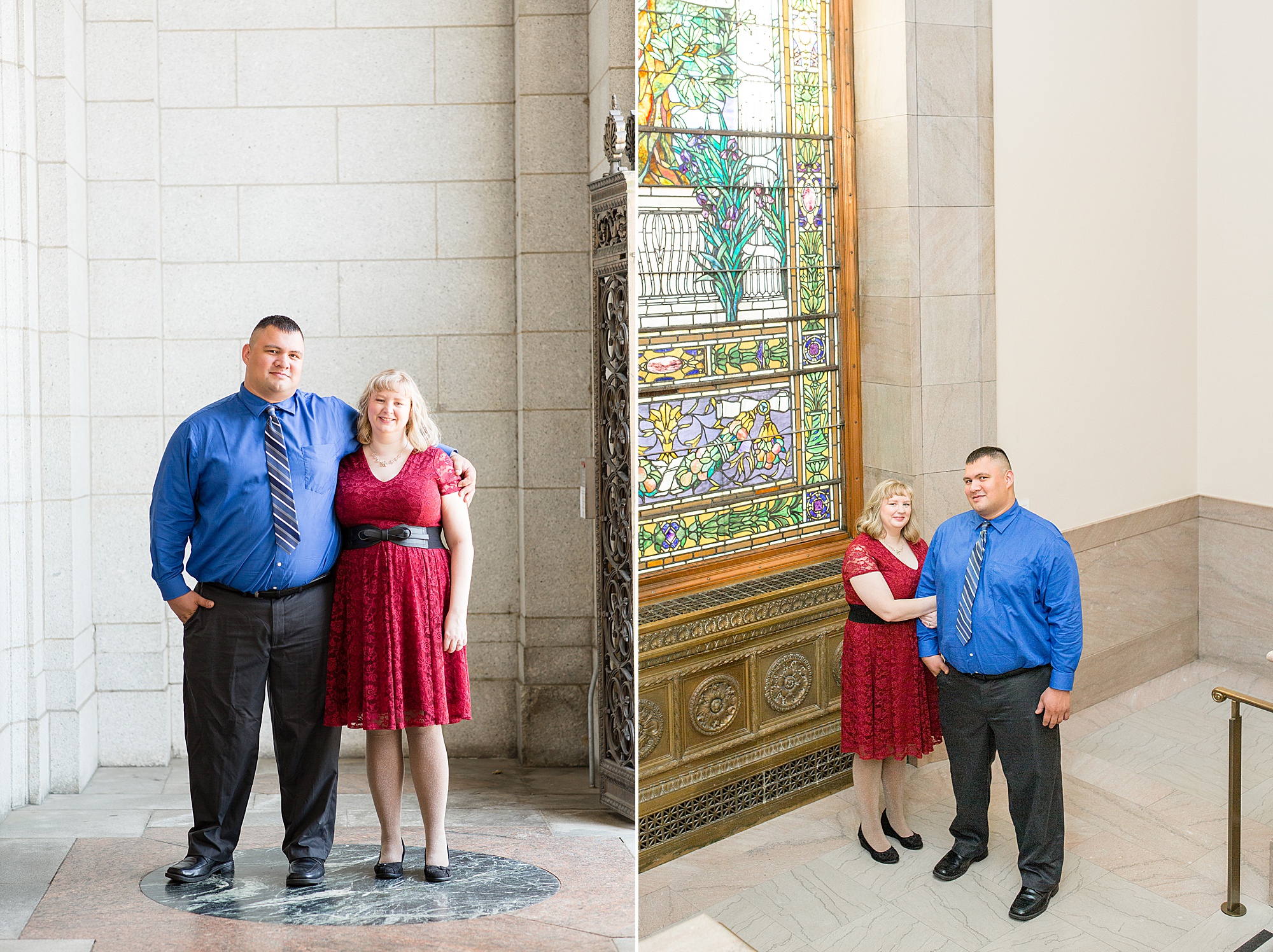 engaged couple poses by stained glass window