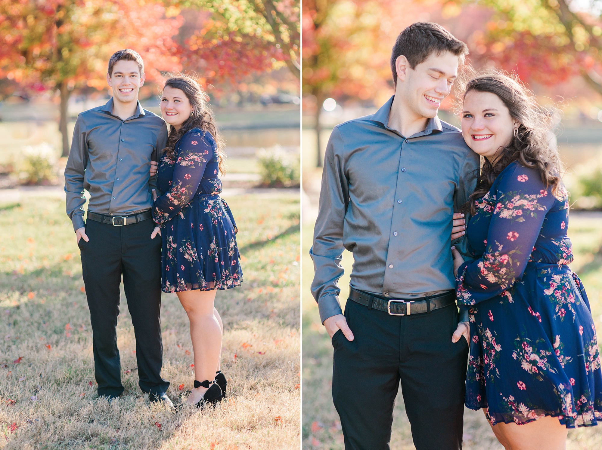 fall Forest Park engagement session with red and orange trees