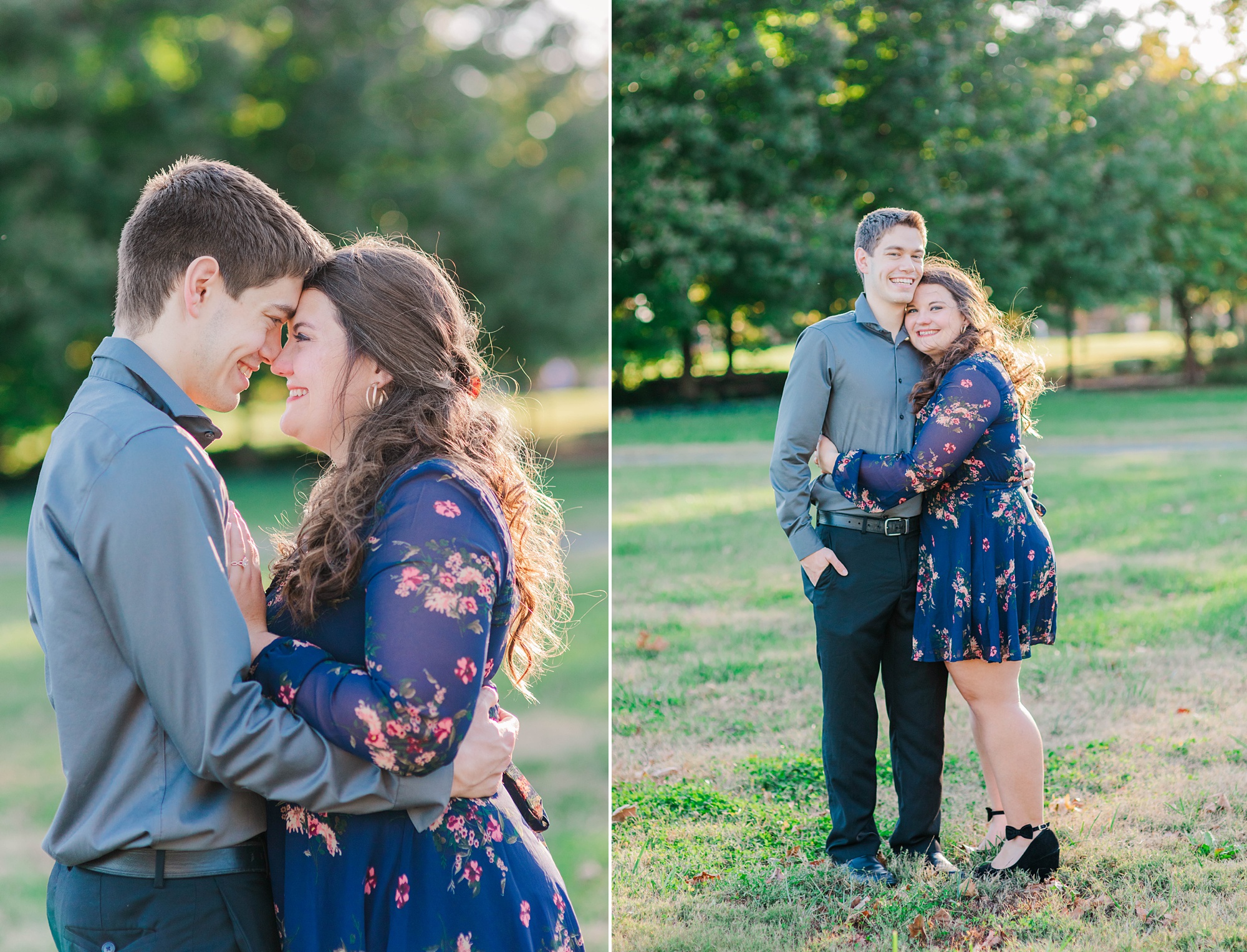 fall engagement session with woman in navy blue gown