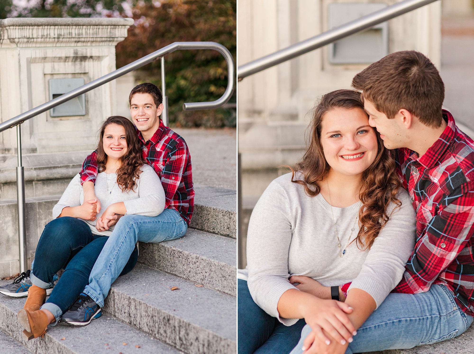 fall engagement portraits on steps in St. Louis