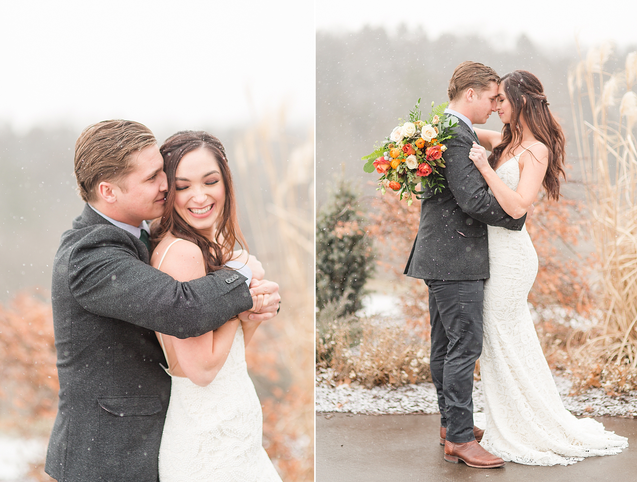 bride and groom stand in snow during portraits at Haue Valley