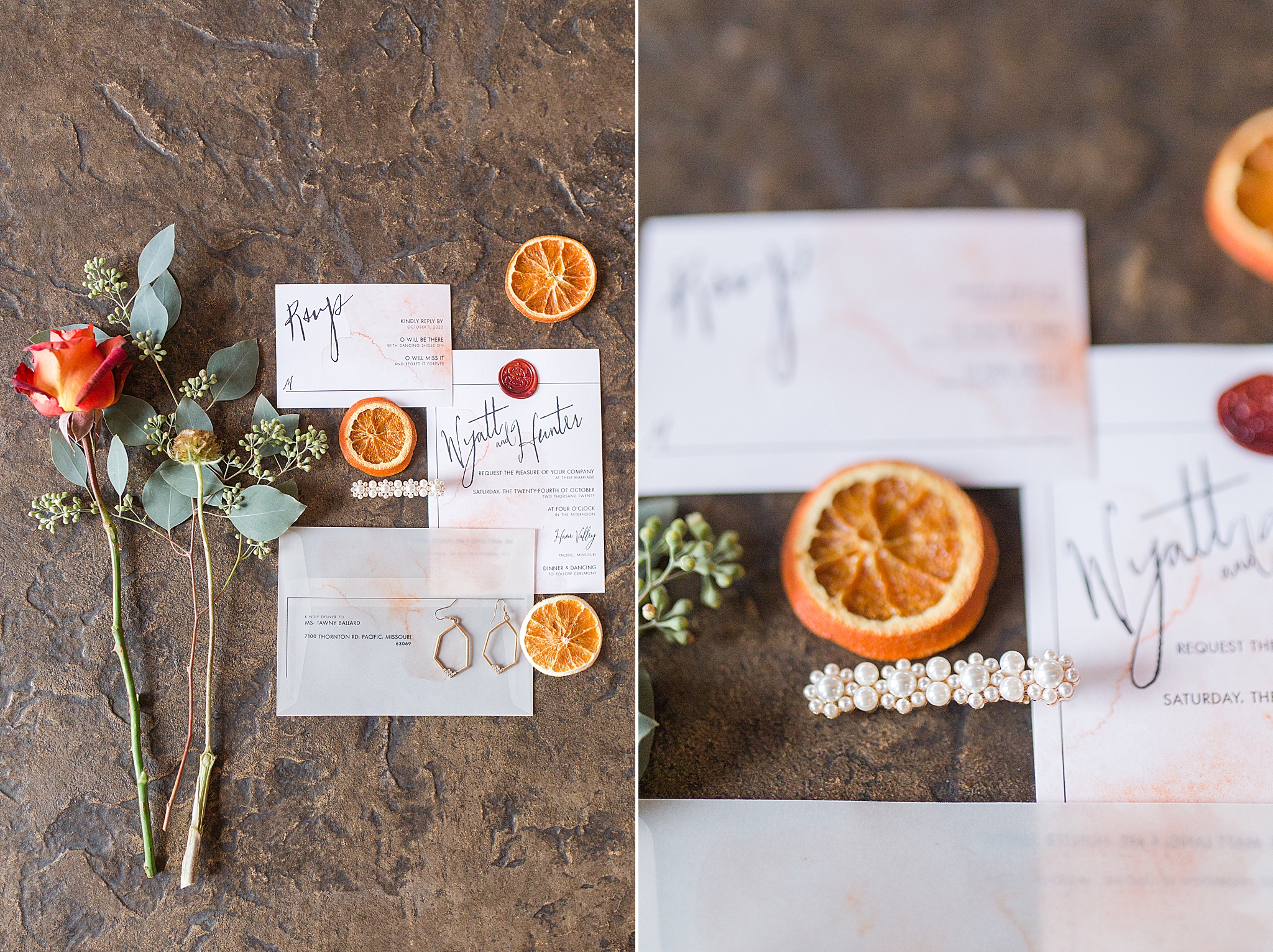 invitation suite for winter wedding with dried citrus