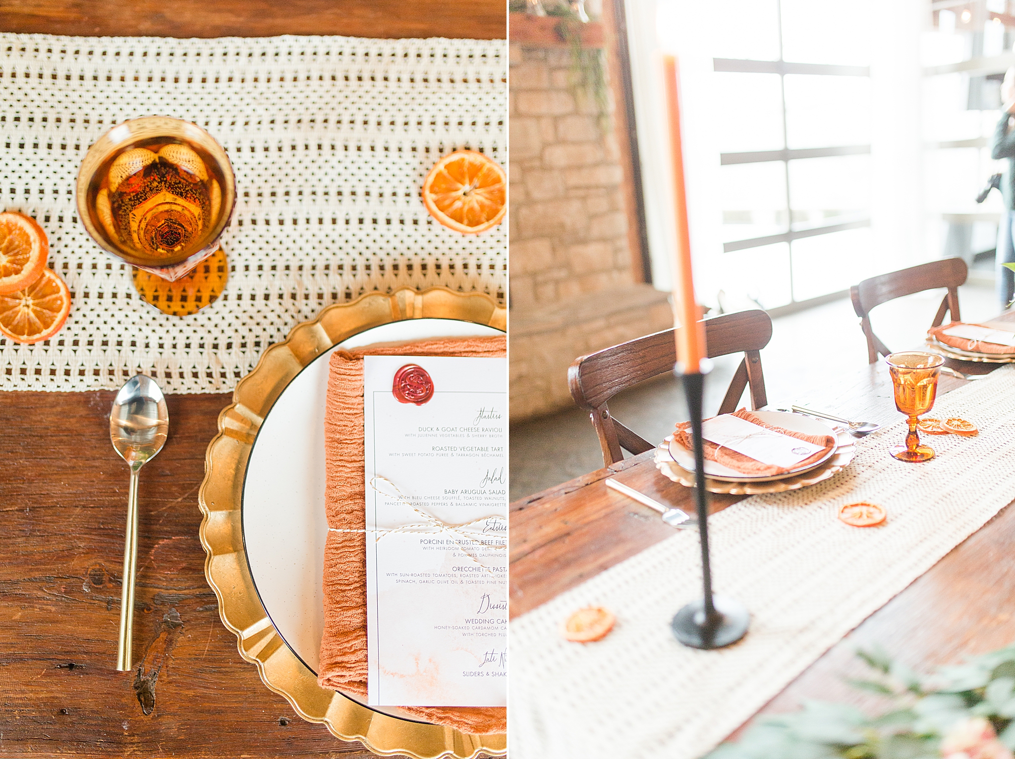 place settings with copper chargers