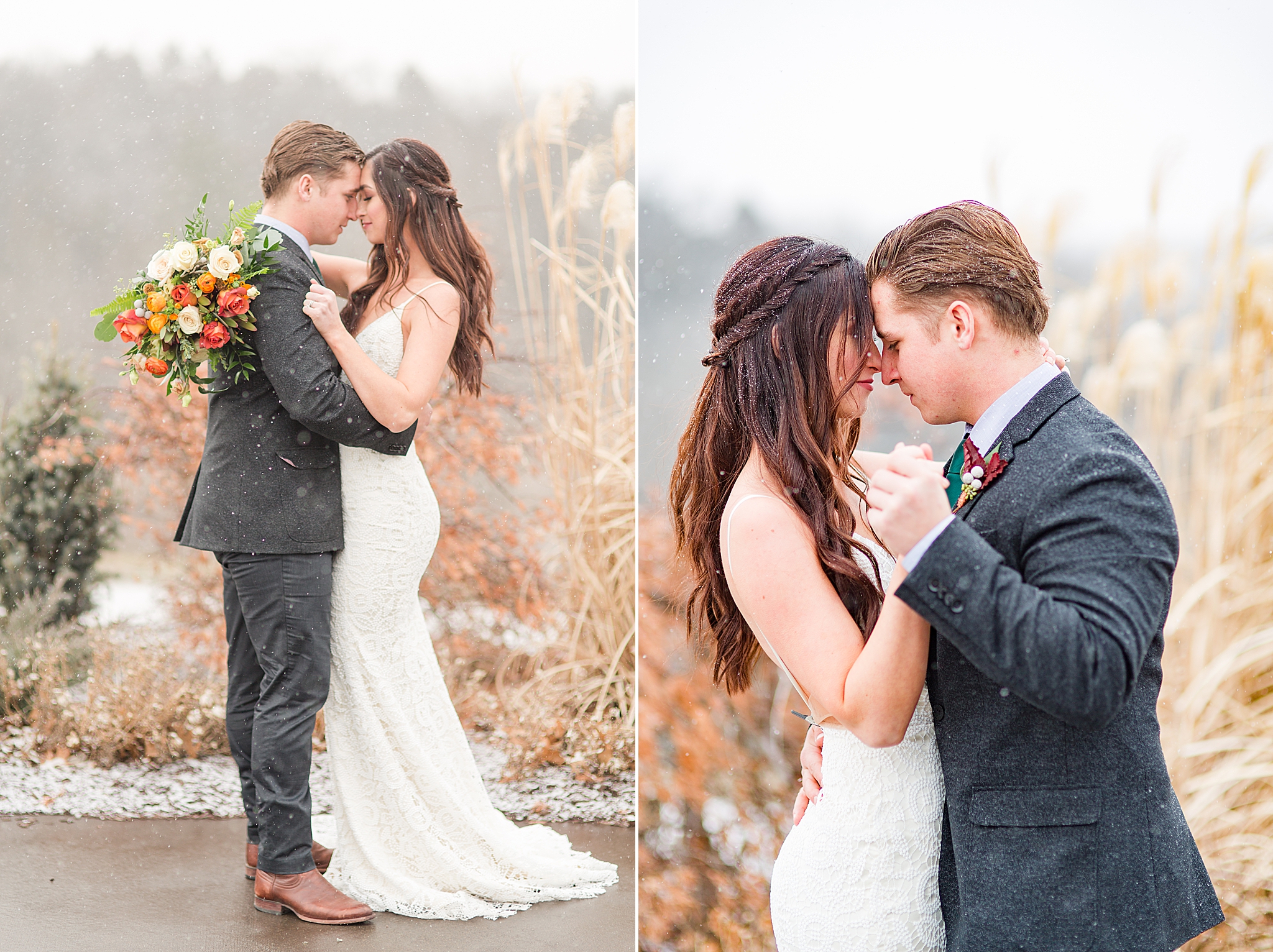 bride and groom dance in snow at Haue Valley