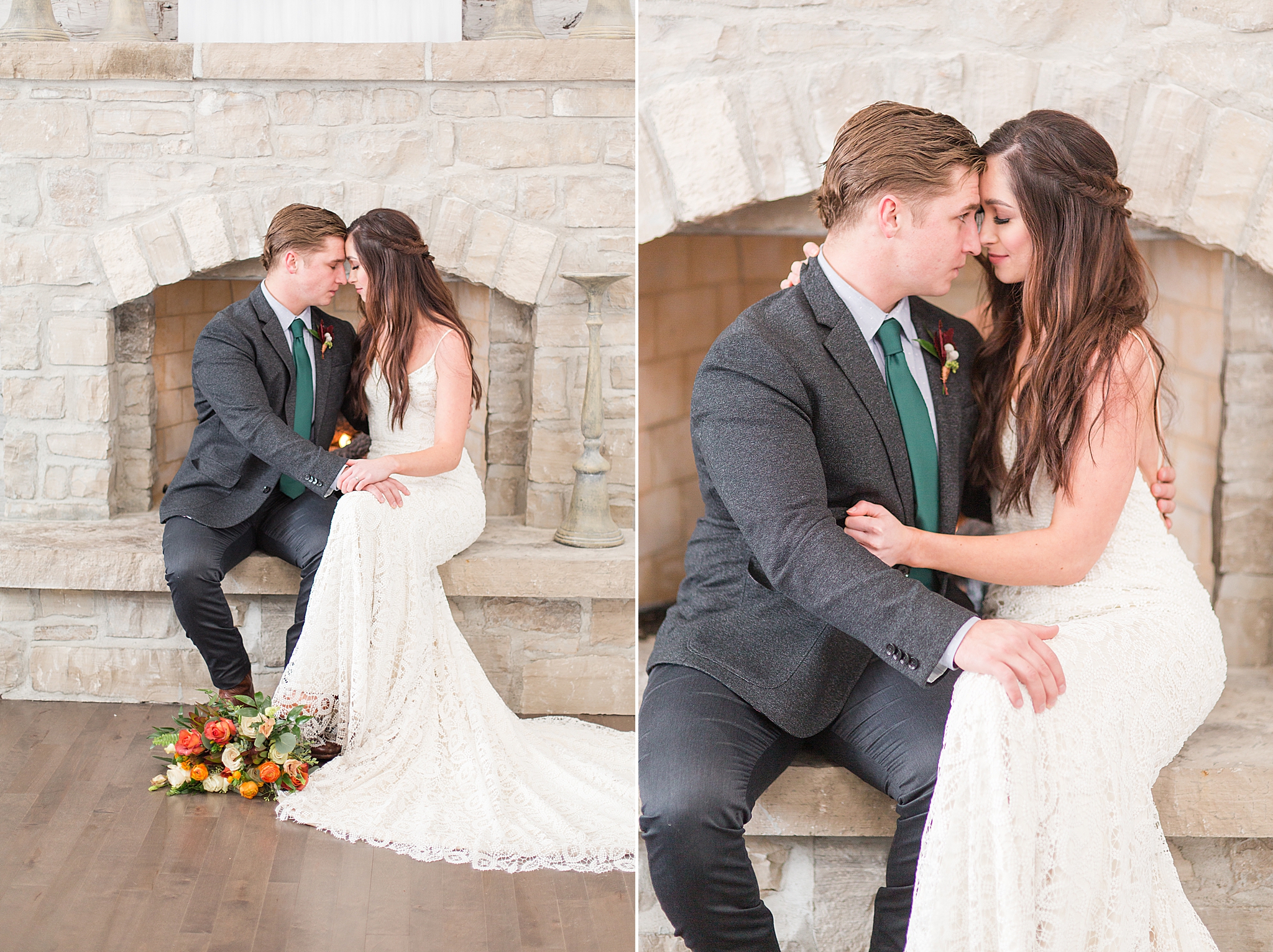 newlyweds sit on stone fireplace at Haue Valley