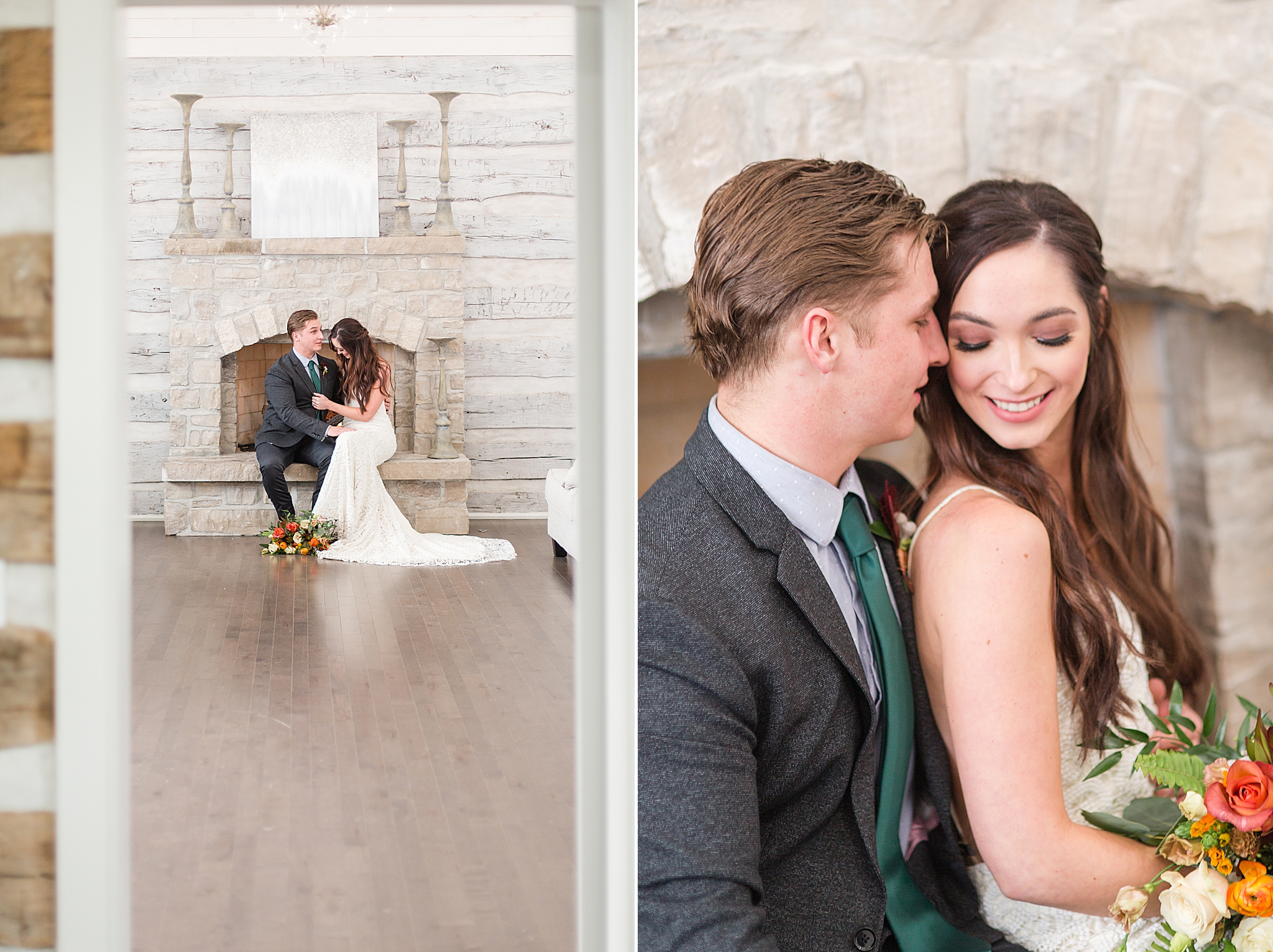 Haue Valley wedding portraits of couple by fireplace