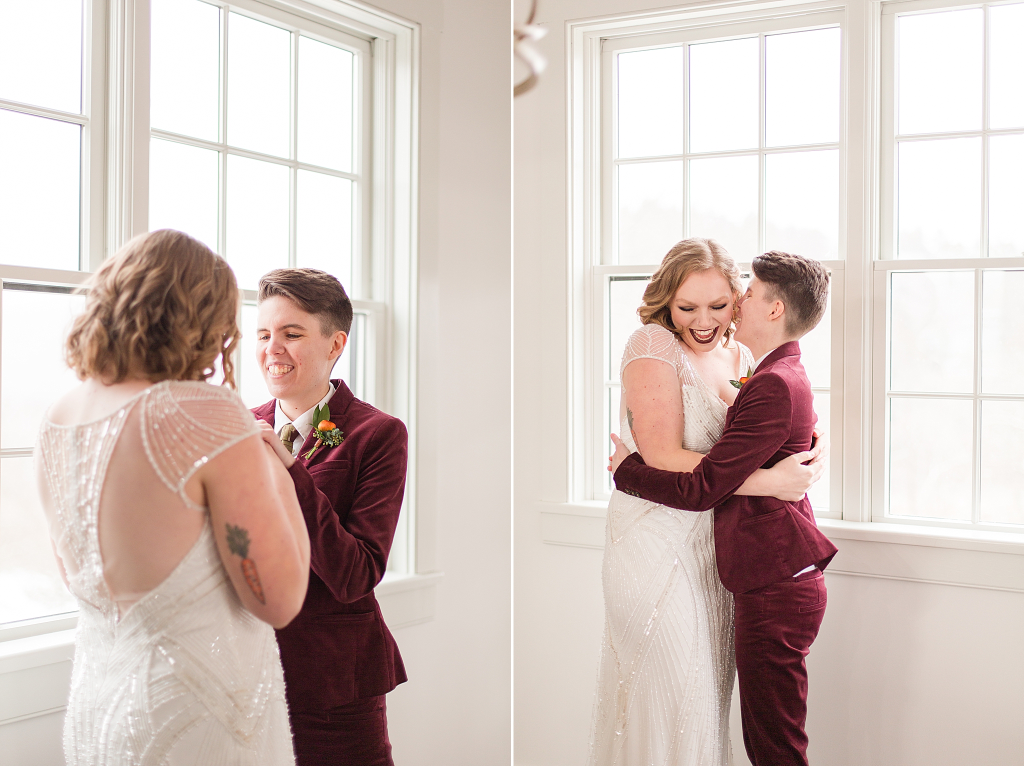 couple hugs by window during wedding portraits at Haue Valley