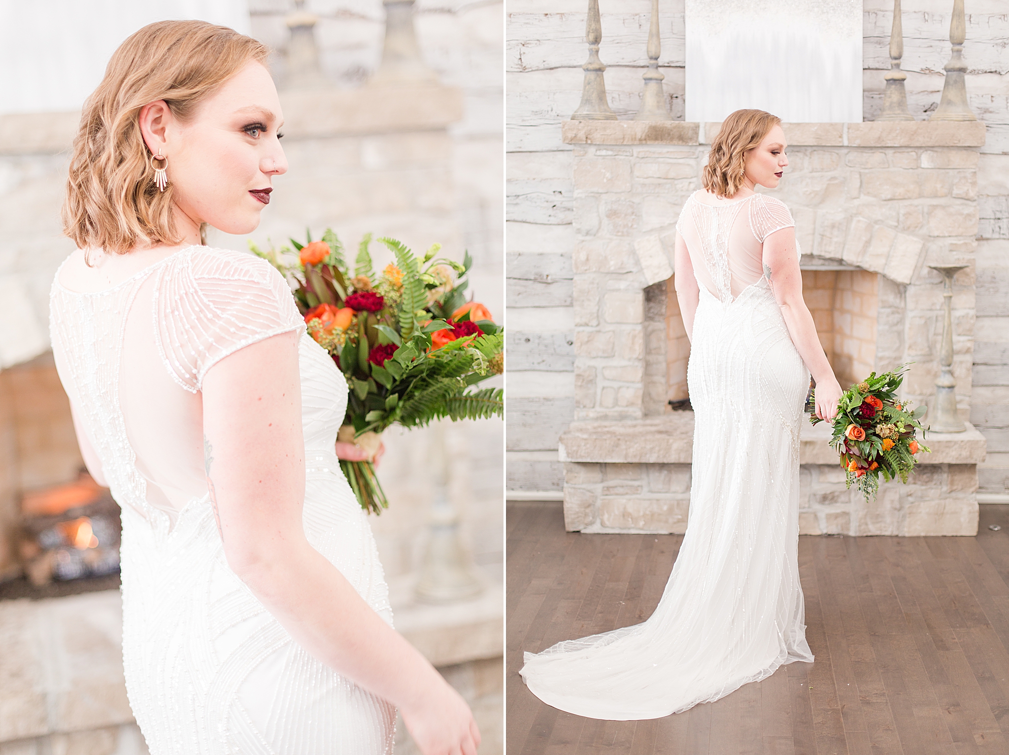 bridal portraits by stone fireplace at Haue Valley