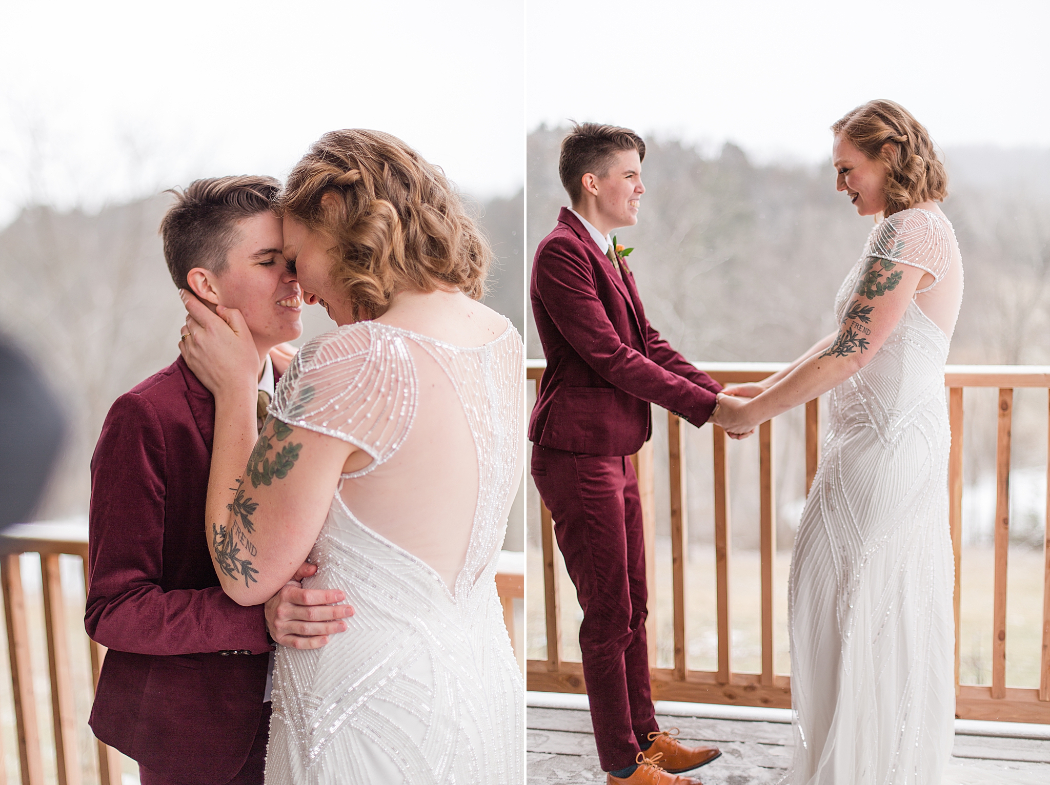couple sees each other during first look on balcony during Haue Valley wedding