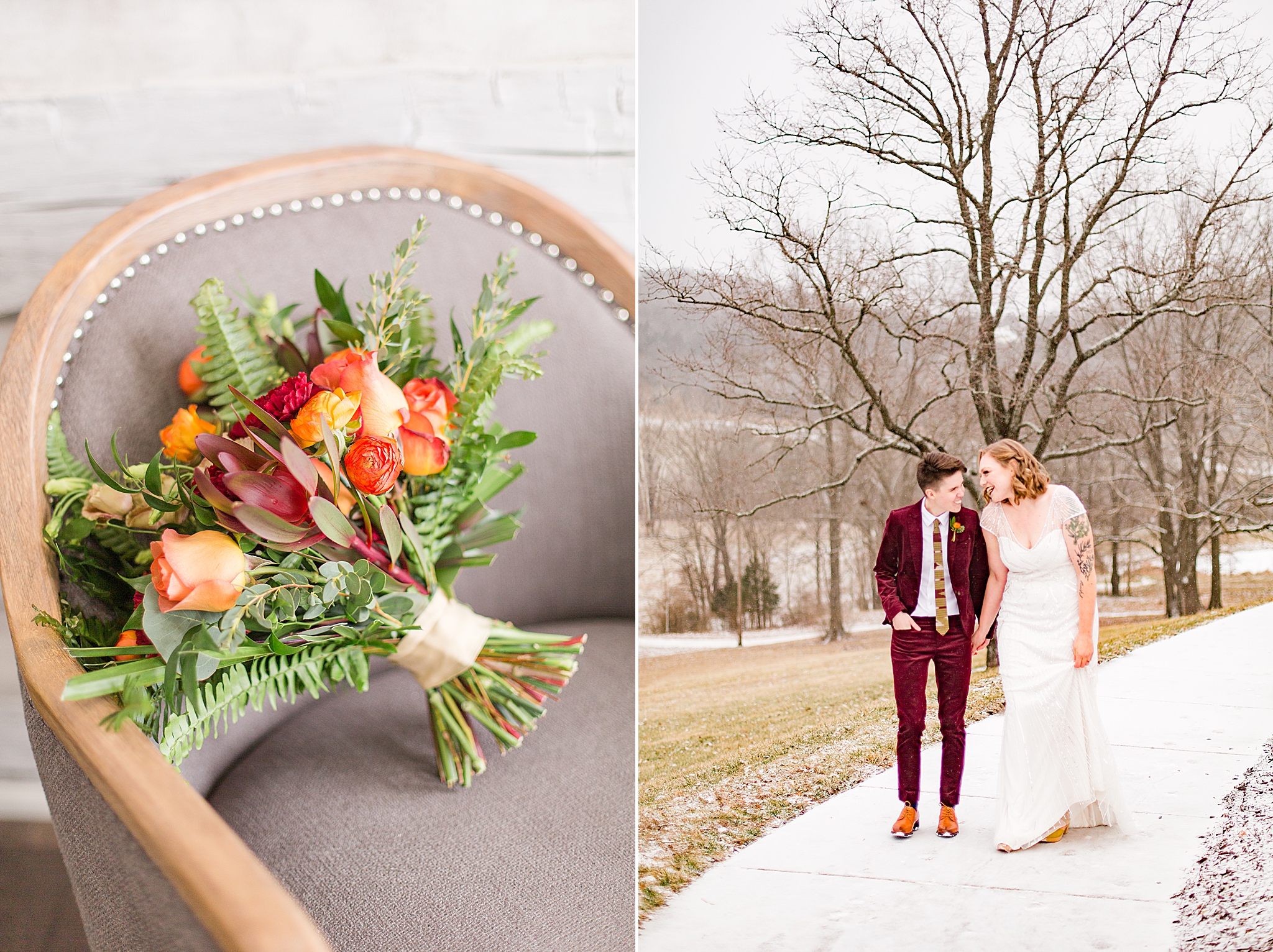 orange and red bouquet for winter bride