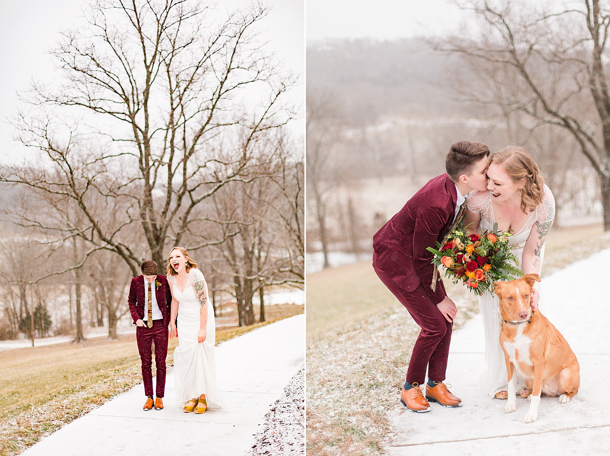 LGBTQ couple poses in snow during Haue Valley wedding