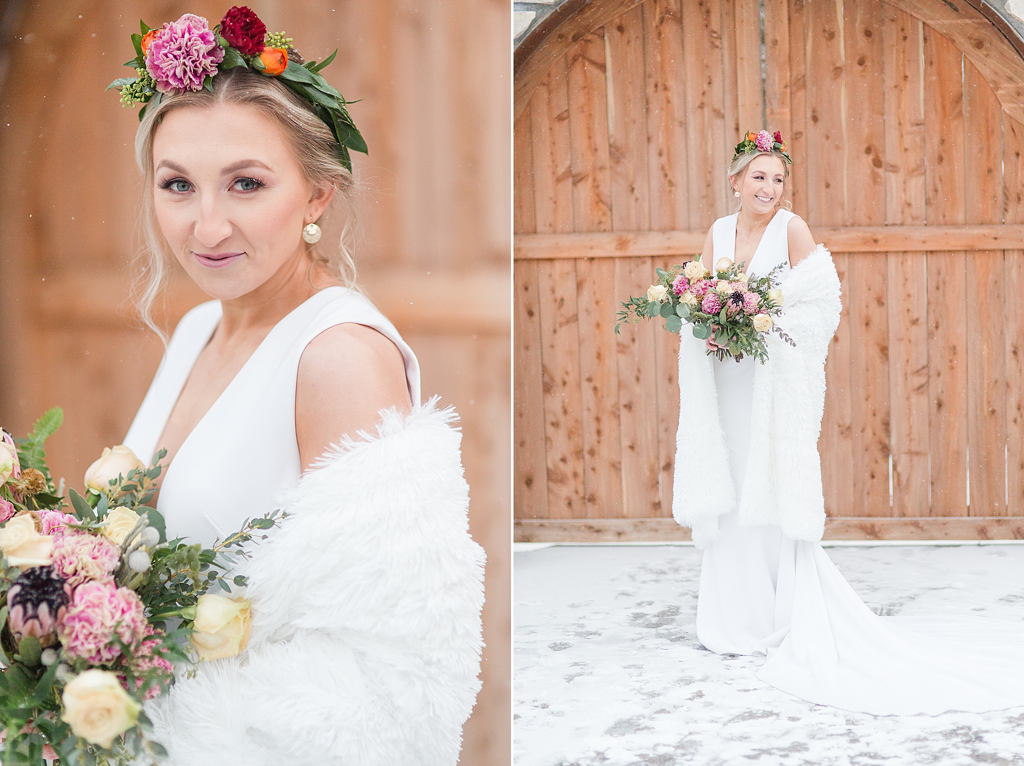 bride poses by wooden door during styled shoot at Haue Valley