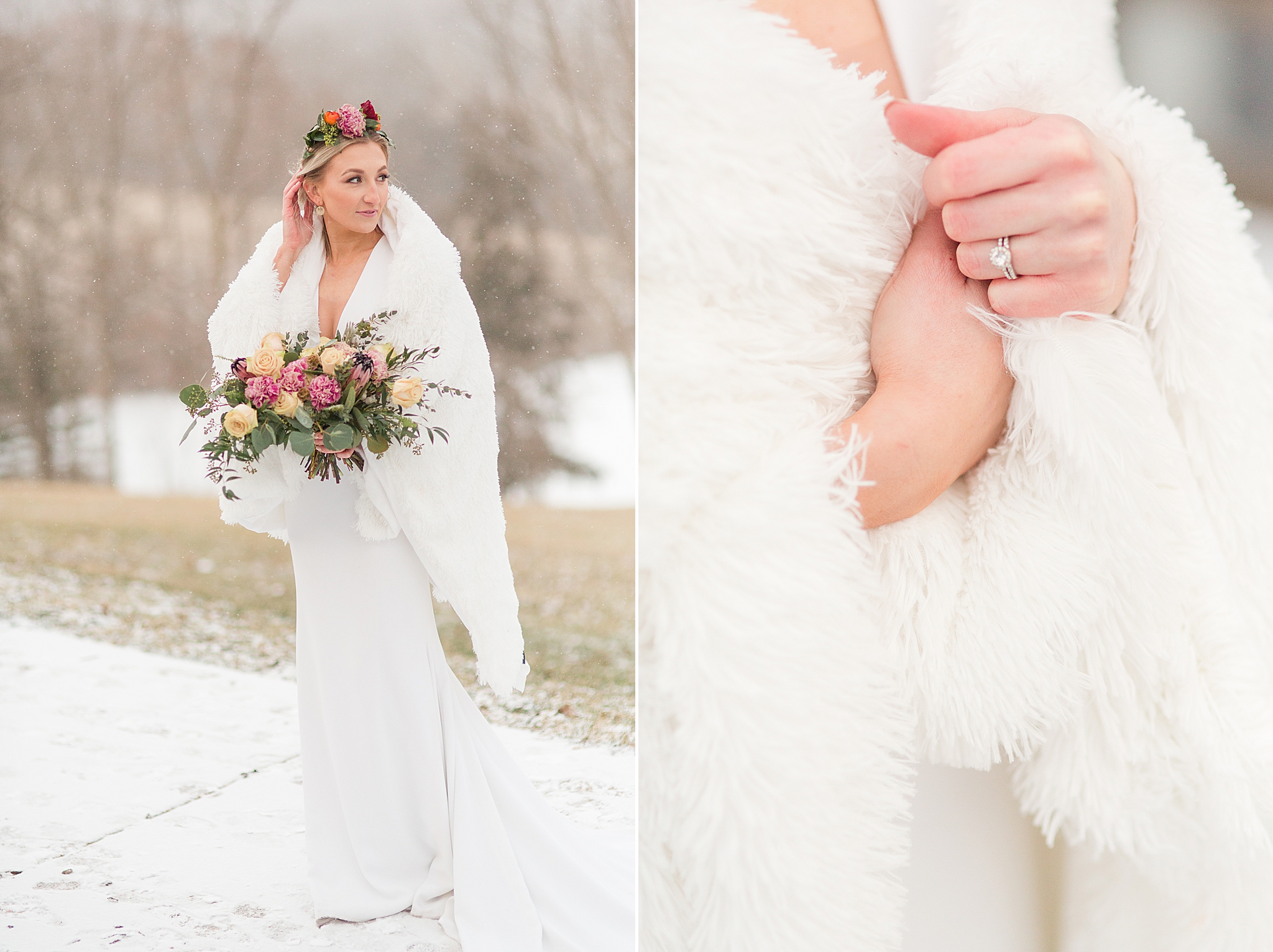 winter bride pulls wrap around her shoulders in the snow during winter Haue Valley wedding