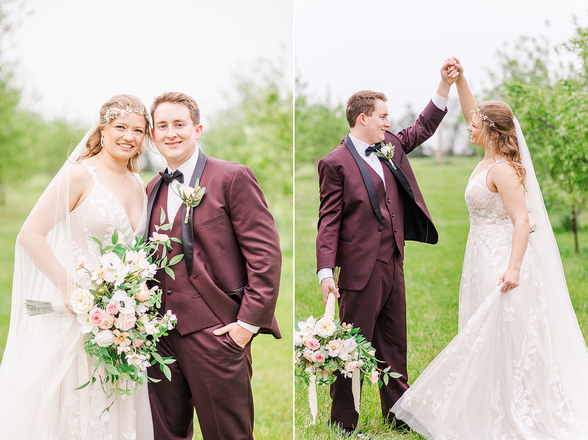 groom twirls bride during intimate wedding day