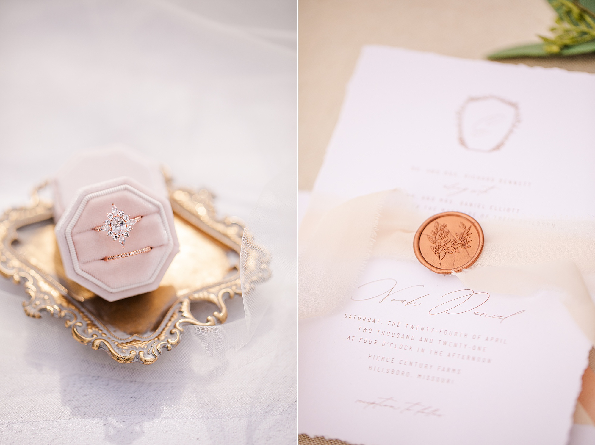 bride's ring and wax seal on invitation for Pierce Century Farm wedding