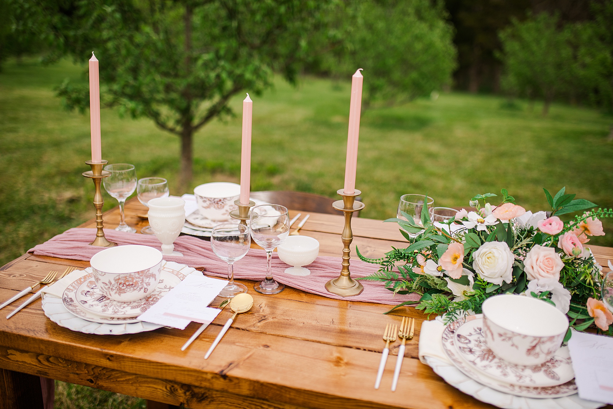 mauve and gold wedding reception details on farm