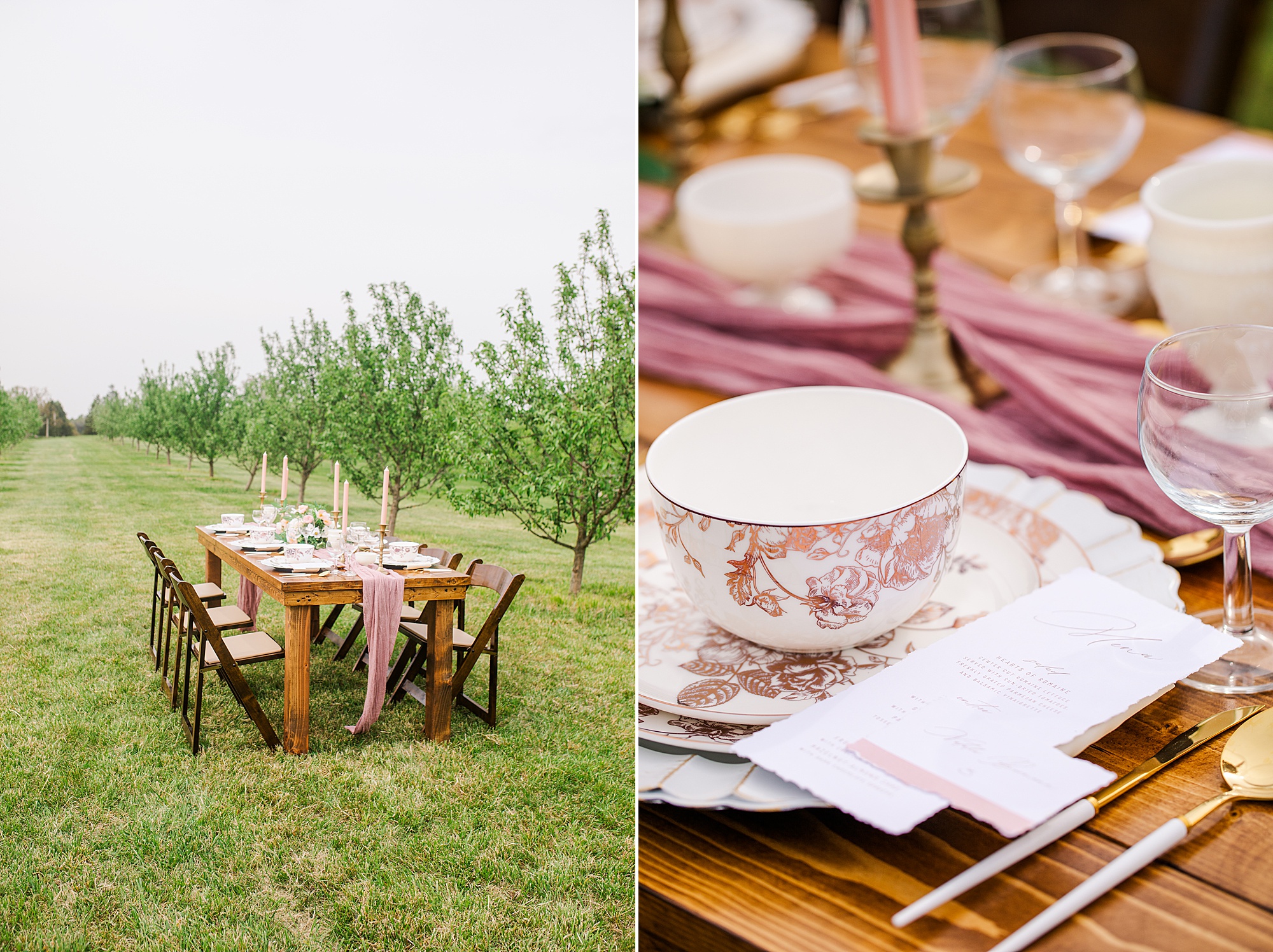 reception table with teacups and mauve napkins at Pierce Century Farm