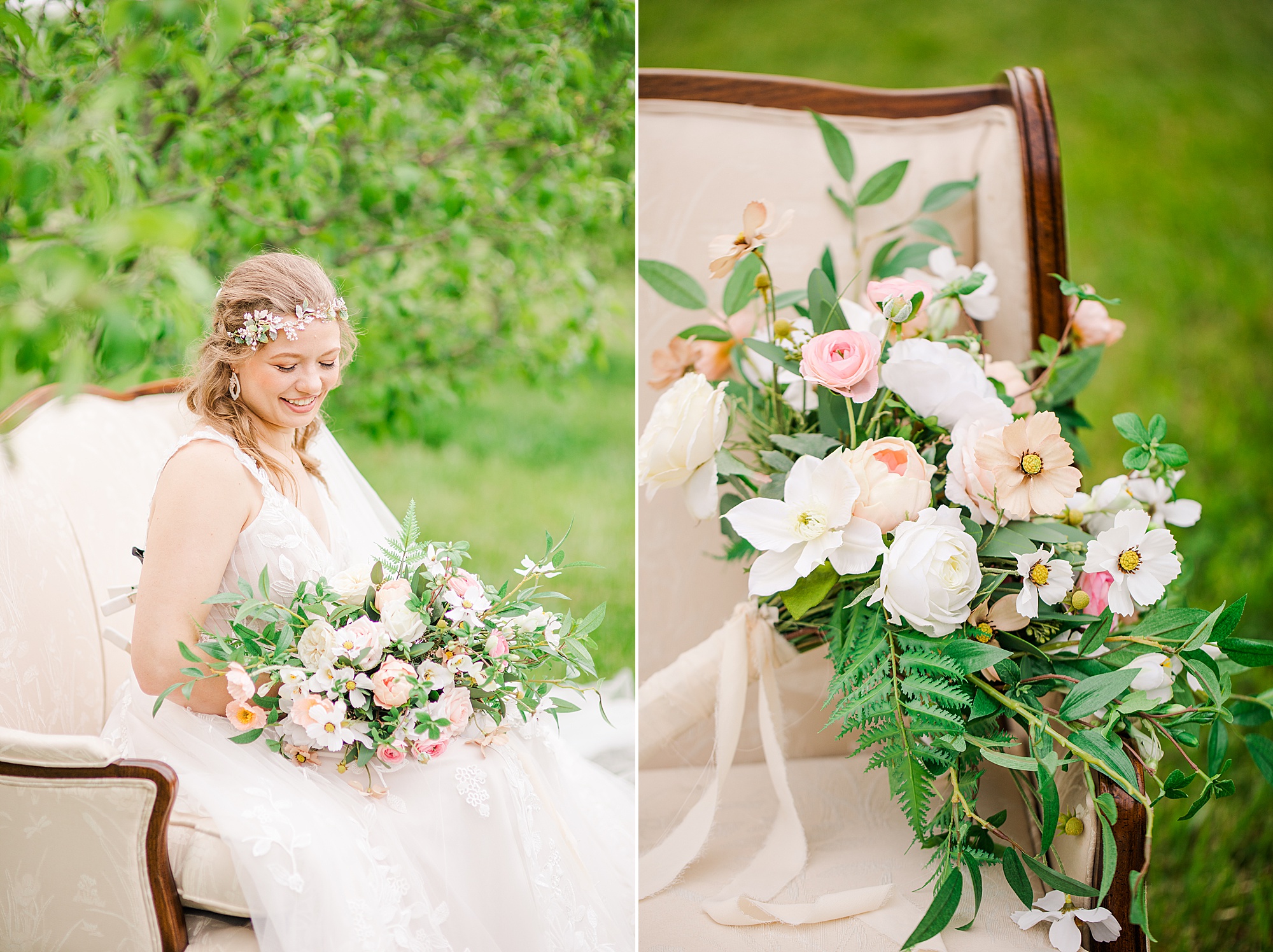 bride holds bouquet of flowers on chair at Pierce Century Farm