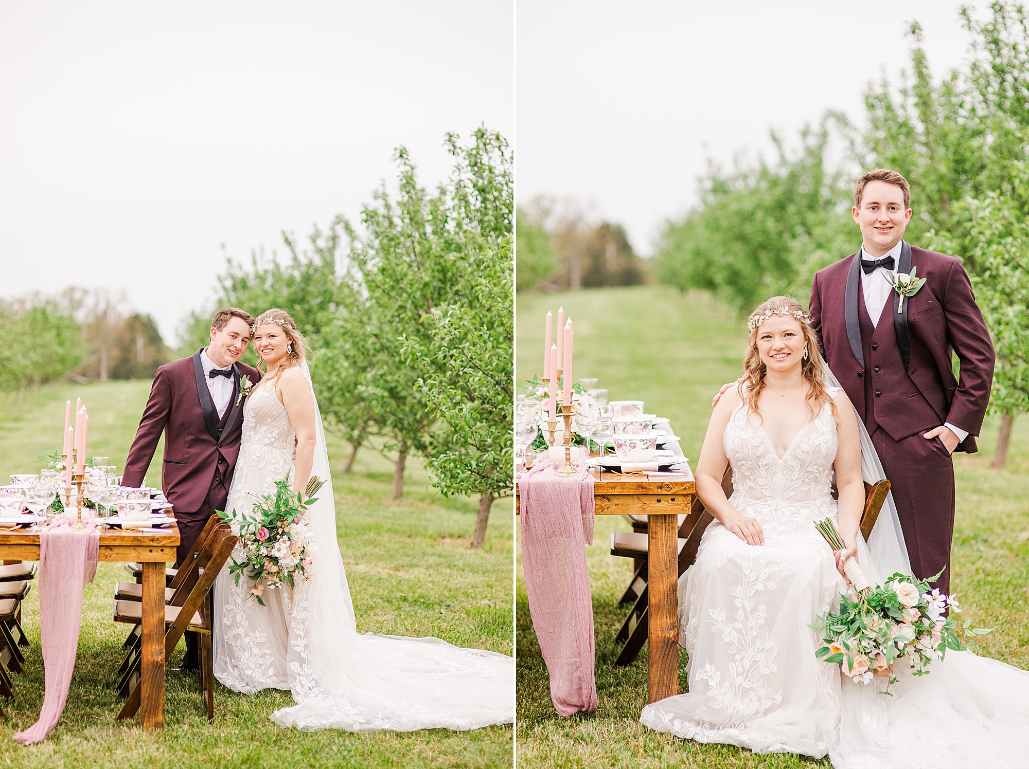newlyweds pose near reception table at Pierce Century Farm