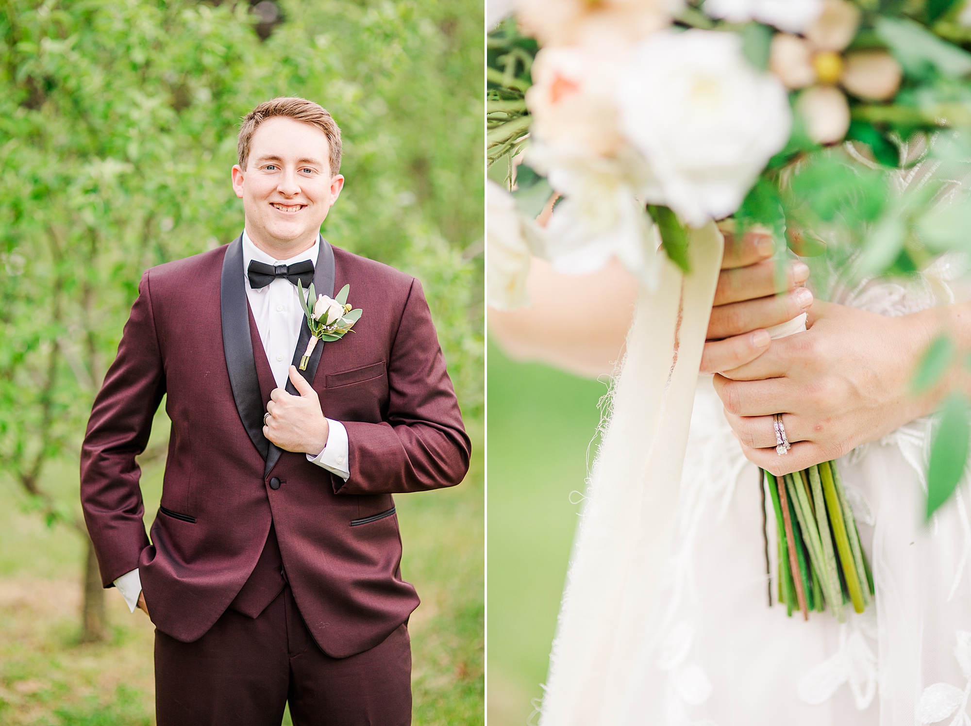 groom poses with hands on lapel of burgundy suit