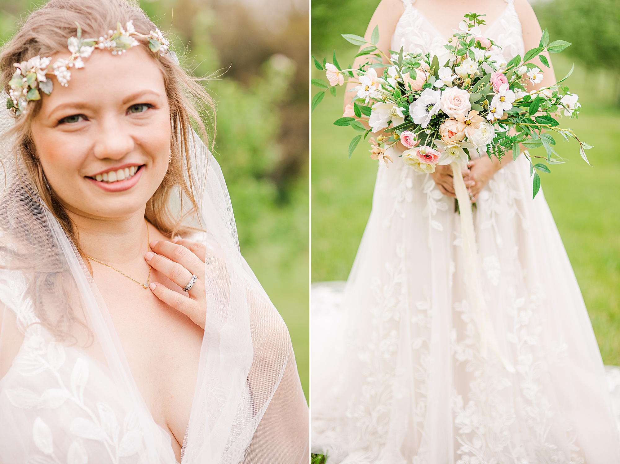 bride's details for intimate wedding day in orchard
