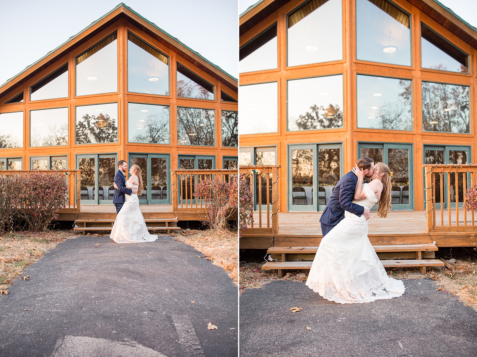 bride and groom kiss outside Quail Ridge Lodge