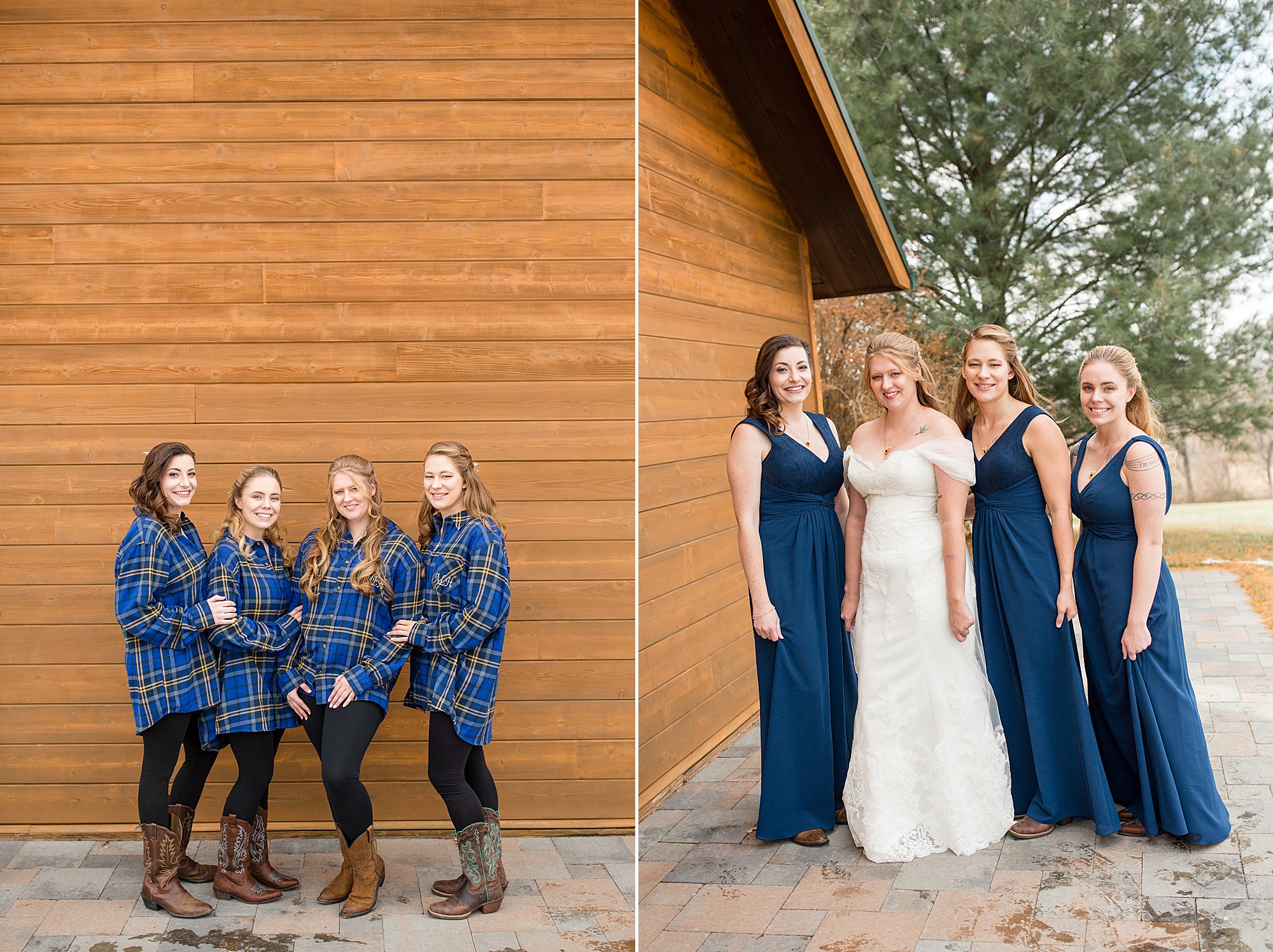 bridesmaids in navy gowns with bride outside Quail Ridge Lodge