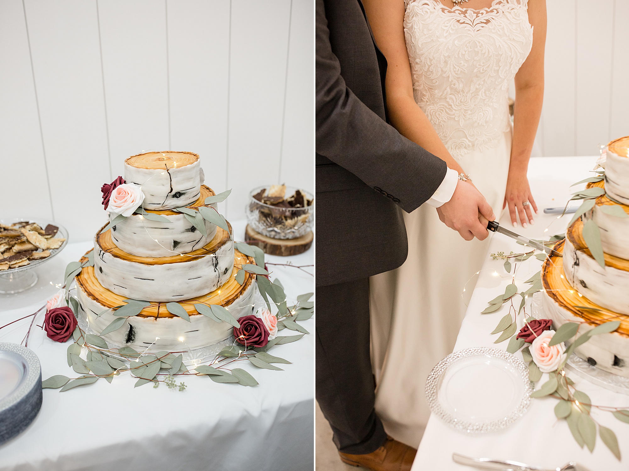 bride and groom cut wedding cake