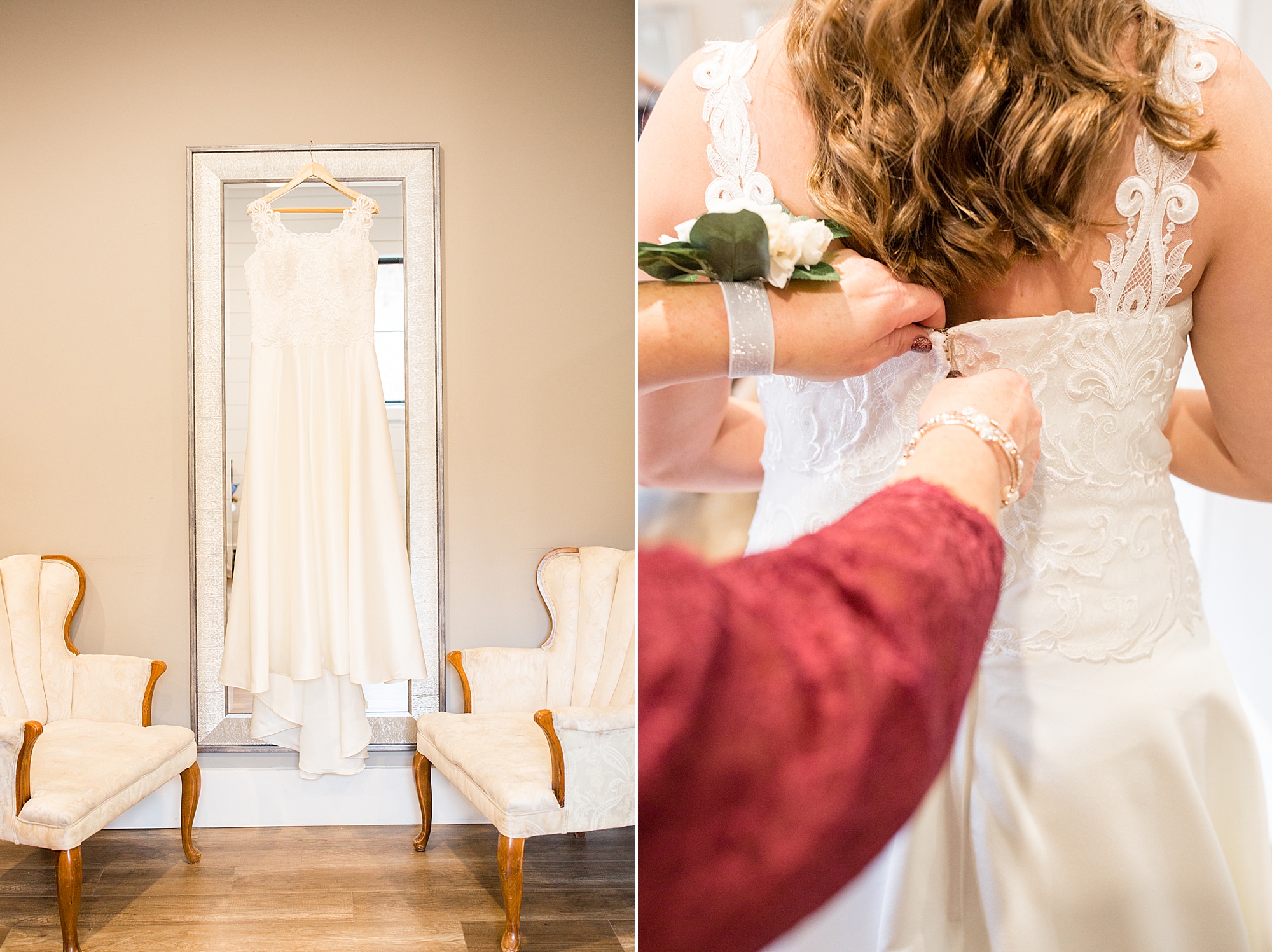 mom helps bride with wedding gown for Redemption Ranch wedding