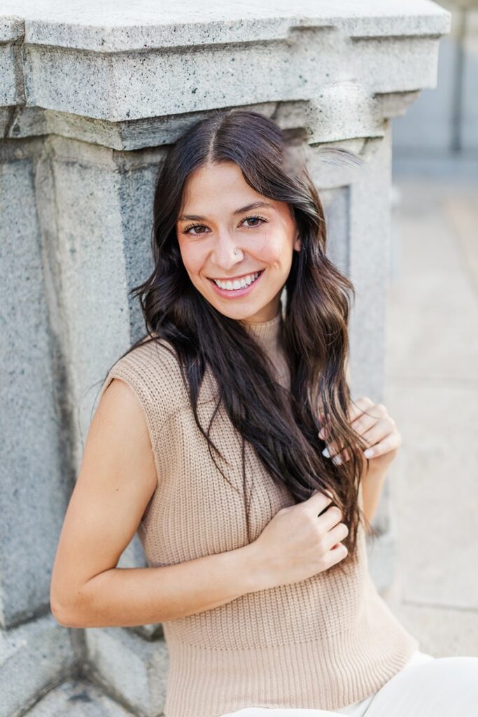 Close-up of stone railing on the façade of the St. Louis Public Library during fall mini session
